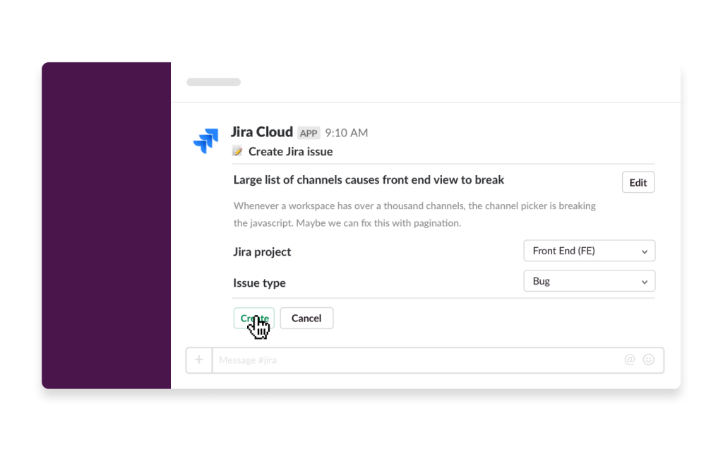 An image of the Jira Cloud app being used in Slack