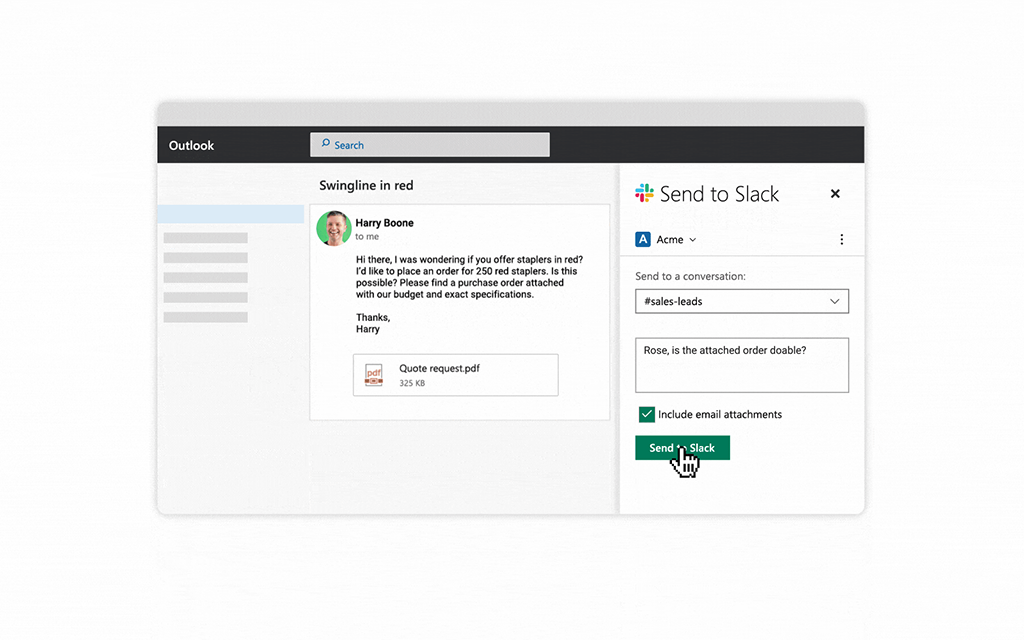 Image showing the Slack for Outlook "Send to Slack" button in Outlook