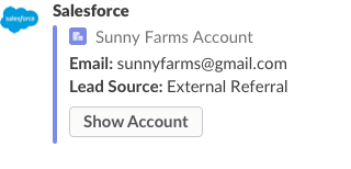 Salesforce: account Sunny Farms. Mostra account.